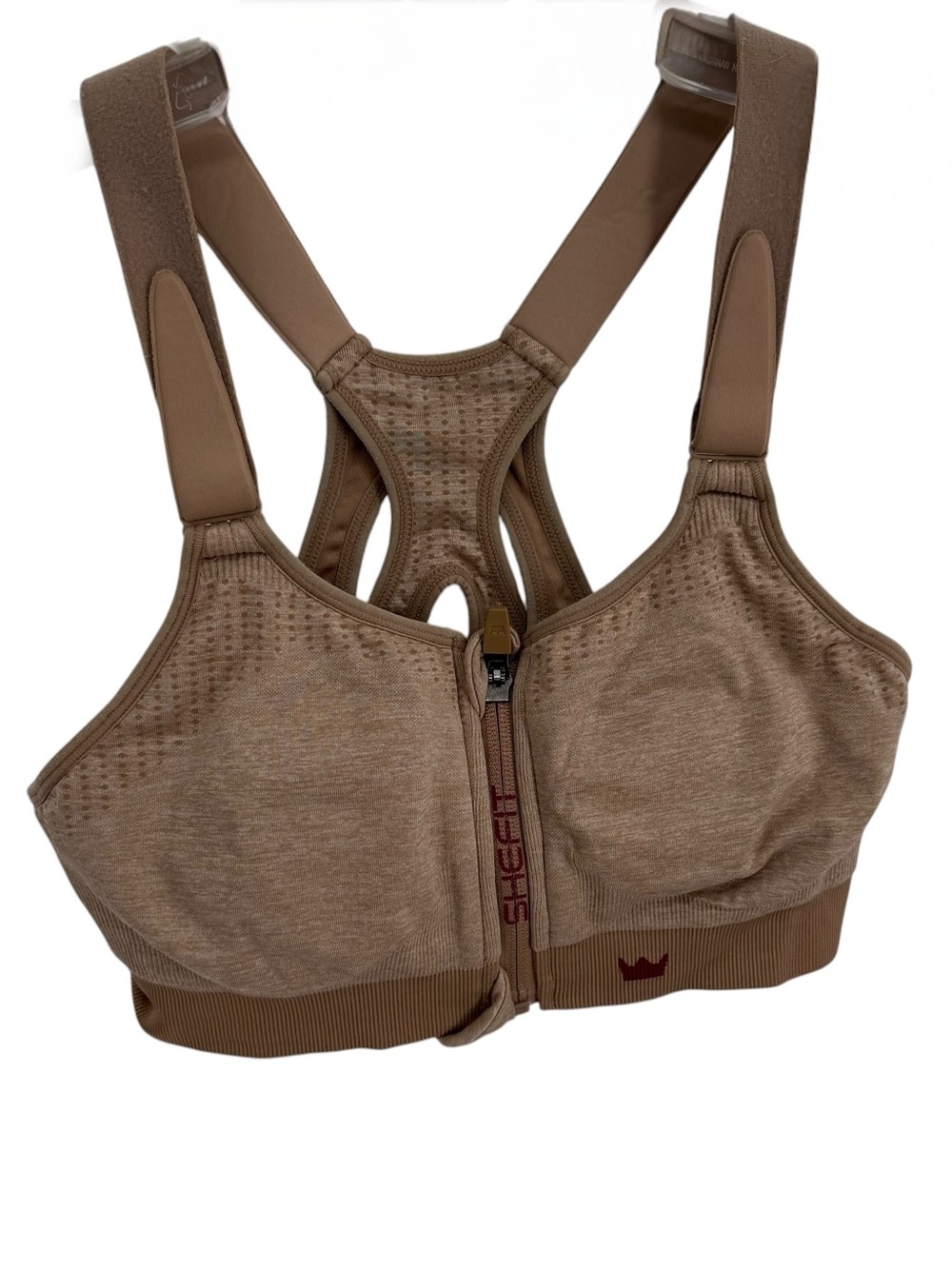 SHEFIT Adjustable Sports Bra Zip Front Size M Wireless Running Tan Racerback